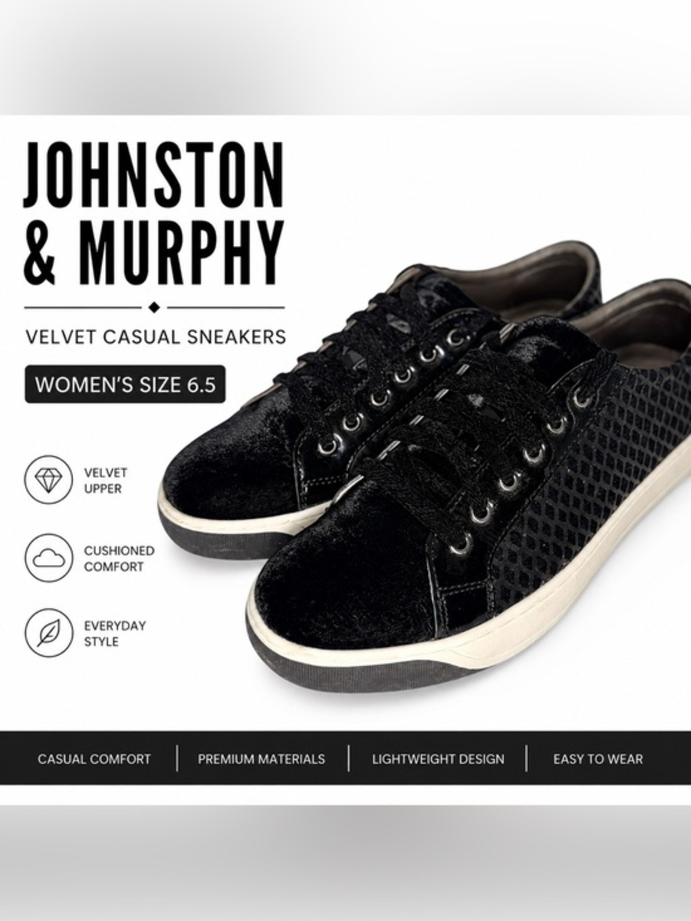 Johnston & Murphy Velvet Sneakers | Black | Women’s Size 6.5